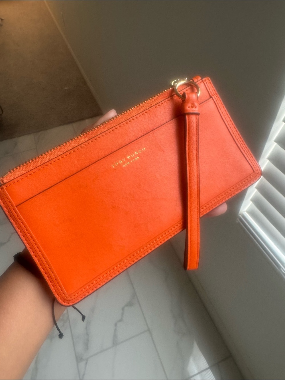 Tory Burch Orange Leather Wristlet Clutch with Gold Logo
